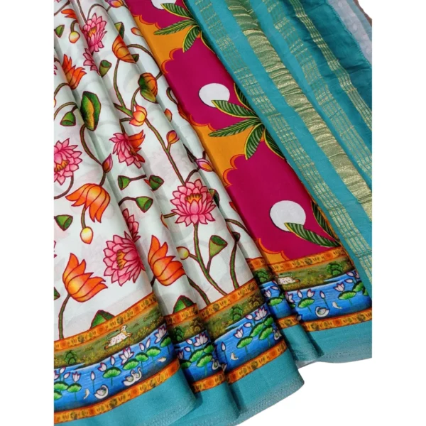 Hues of white colour gajji Pichwai silk saree with beautiful floral and cow design
