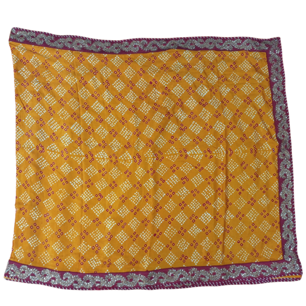 Mustard colour Bandhini gajji silk saree with beautiful hand work - Image 4