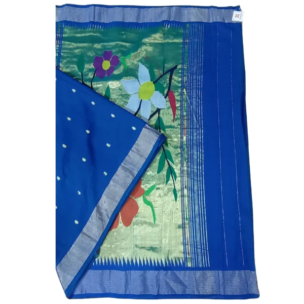Blue colour paithani cotton saree with beautiful floral design on top of pallu