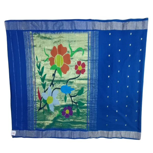 Blue colour paithani cotton saree with beautiful floral design on top of pallu - Image 2