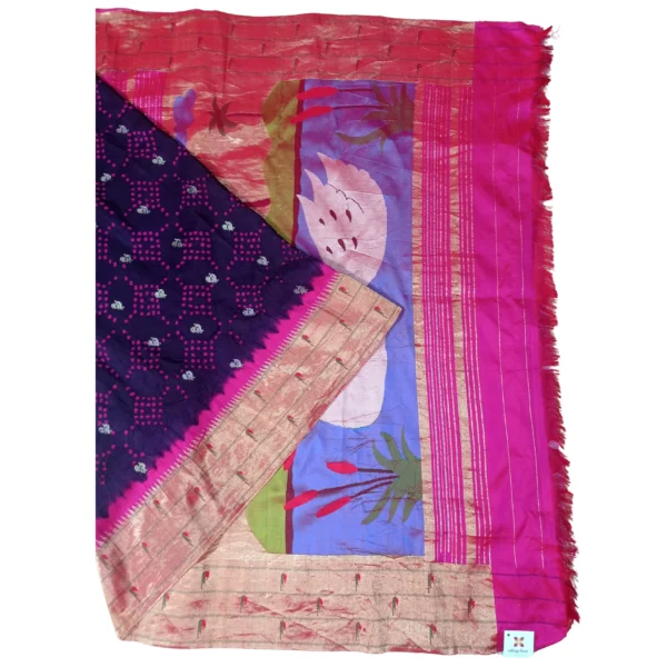 Purple and reddish gold colour triple muniya Bandhini paithani silk saree