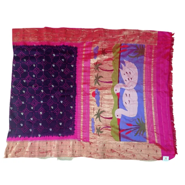 Purple and reddish gold colour triple muniya Bandhini paithani silk saree - Image 2
