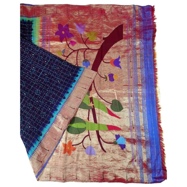Purple and reddish gold colour single muniya Bandhini paithani silk saree