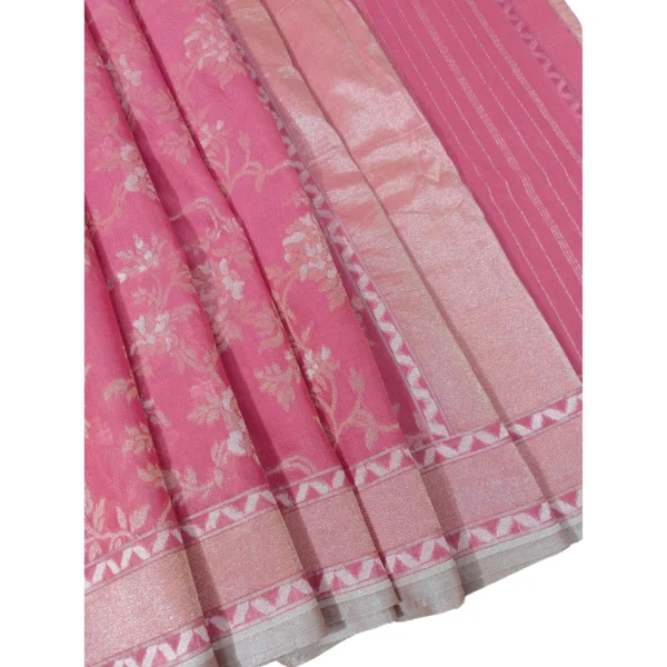 Pink colour banarasi zamdani cotton saree with beautiful floral design