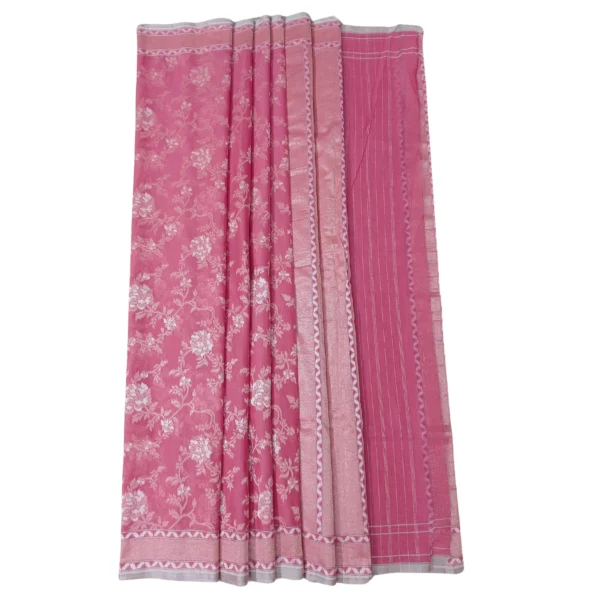Pink colour banarasi zamdani cotton saree with beautiful floral design - Image 3