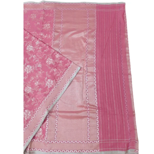 Pink colour banarasi zamdani cotton saree with beautiful floral design - Image 2