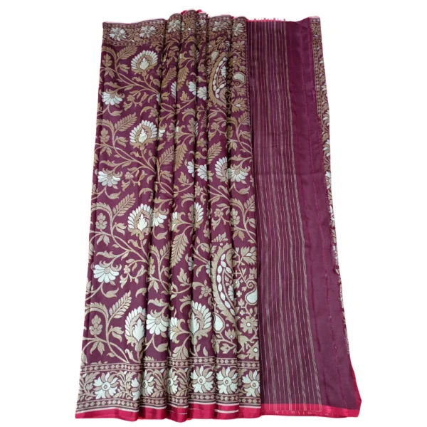 Brown colour banarasi zamdani cotton saree with beautiful allover floral design - Image 3