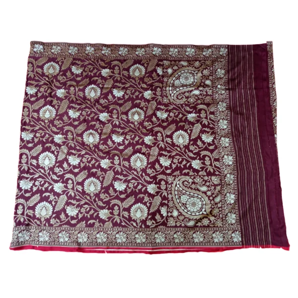 Brown colour banarasi zamdani cotton saree with beautiful allover floral design - Image 4