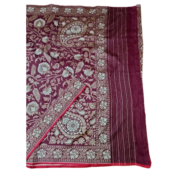 Brown colour banarasi zamdani cotton saree with beautiful allover floral design - Image 2
