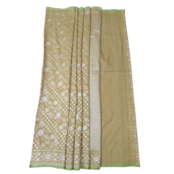 Lime yellow colour banarasi zamdani cotton saree with beautiful allover floral design - Image 3