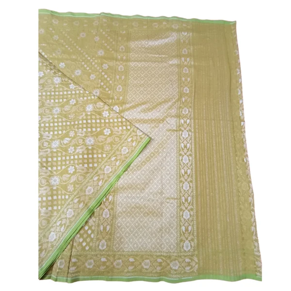 Lime yellow colour banarasi zamdani cotton saree with beautiful allover floral design - Image 2