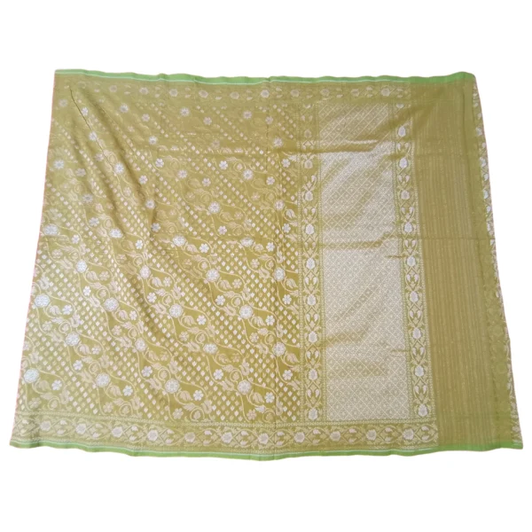 Lime yellow colour banarasi zamdani cotton saree with beautiful allover floral design - Image 4