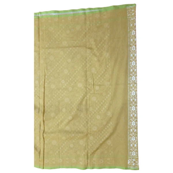 Lime yellow colour banarasi zamdani cotton saree with beautiful allover floral design - Image 5
