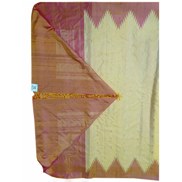 Yellow and hues of orange gadwal Lenin saree with temple border - Image 2