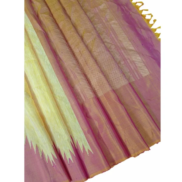 Yellow and hues of orange gadwal Lenin saree with temple border