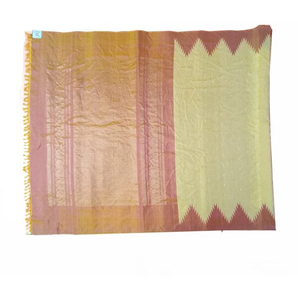 Yellow and hues of orange gadwal Lenin saree with temple border - Image 3