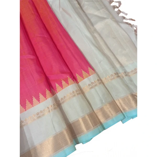 Pink and beige colour gadwal pattu silk saree with beautiful Temple border