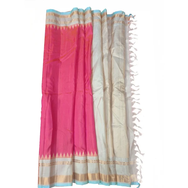 Pink and beige colour gadwal pattu silk saree with beautiful Temple border - Image 4
