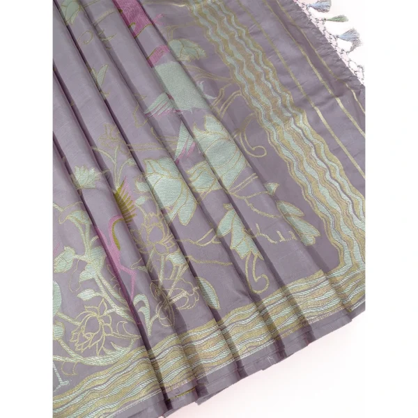 Lavender colour banarasi silk saree with beautiful swan and floral design