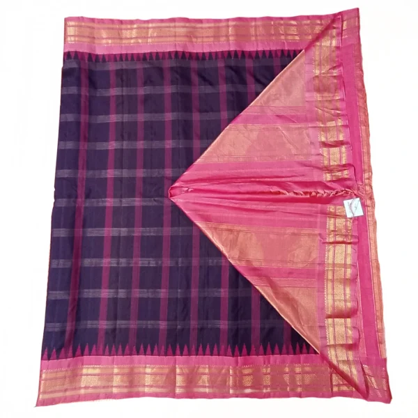 Navy blue and peach colour gadwal pattu silk saree with beautiful checks design - Image 2
