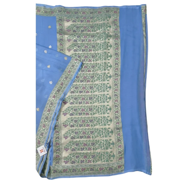 Blue colour Banarasi georgette silk saree with beautiful floral design - Image 2