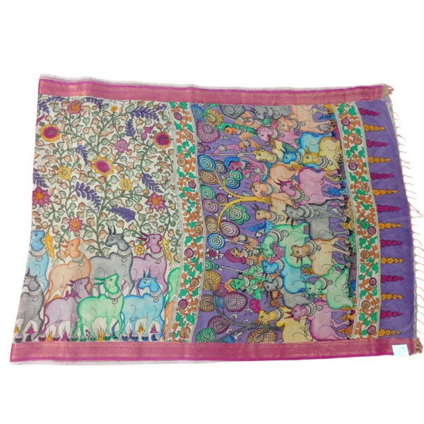 Beige colour pen kalamkari saree with beautiful cow and floral design - Image 3