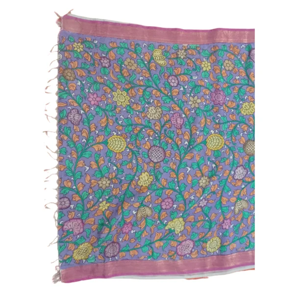 Beige colour pen kalamkari saree with beautiful cow and floral design - Image 5