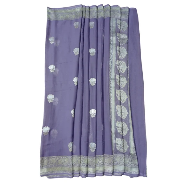 Violet colour Banarasi georgette silk saree with beautiful floral design - Image 4