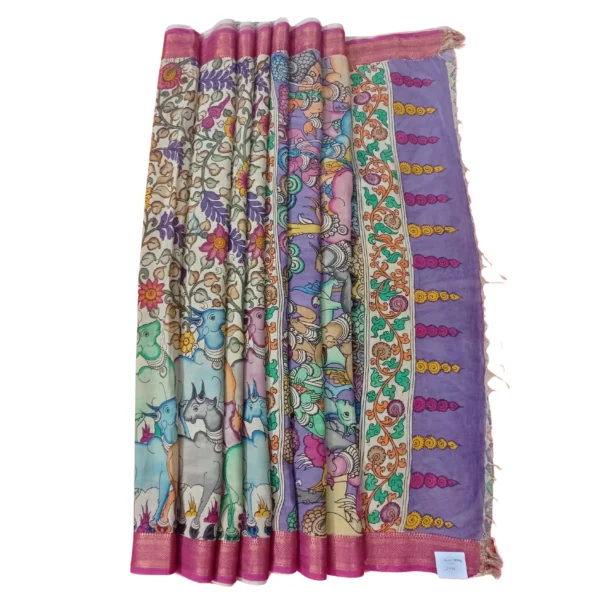 Beige colour pen kalamkari saree with beautiful cow and floral design - Image 4