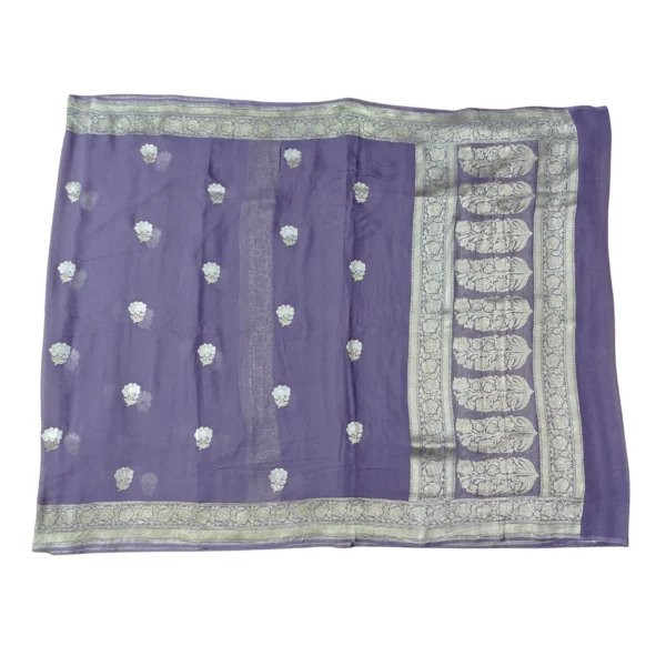 Violet colour Banarasi georgette silk saree with beautiful floral design - Image 3