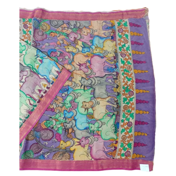 Beige colour pen kalamkari saree with beautiful cow and floral design - Image 2