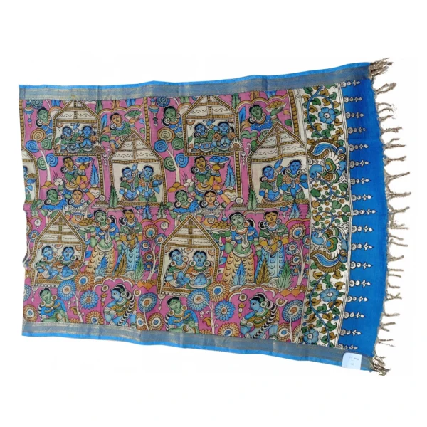 Pink and blue colour pen kalamkari saree with beautiful figure design