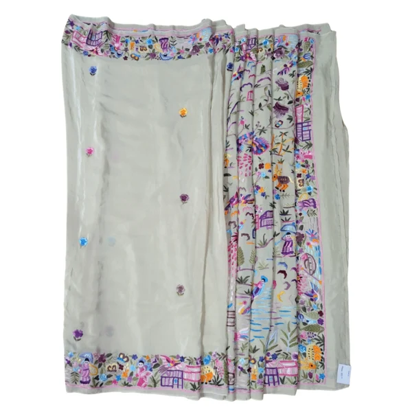 Off-White Parsi Gara Hand Embroidered Saree with Beautiful Story Design - Image 4