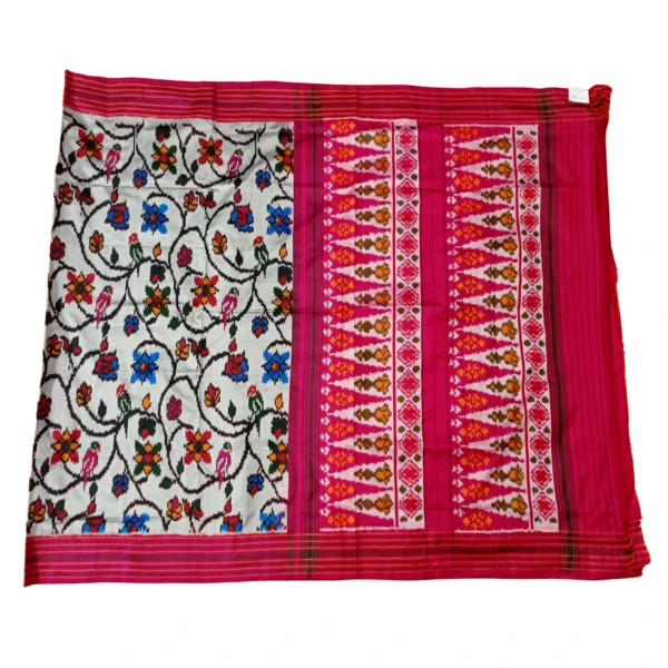 Off white and pink colour pochampally double ikkat silk saree - Image 3
