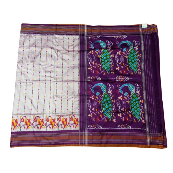 Purple and light  pink colour pochampally double ikkat silk saree with beautiful peacock design - Image 3