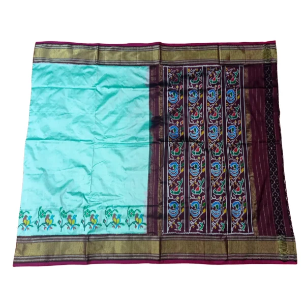 Blue and coffee brown colour pochampally double ikkat silk saree with beautiful peacock and parrot design - Image 3