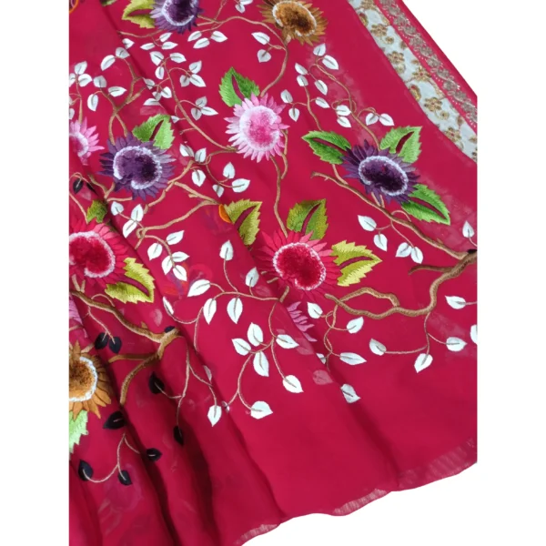 Red colour Parsi gara hand embroidered georgette saree with beautiful floral design