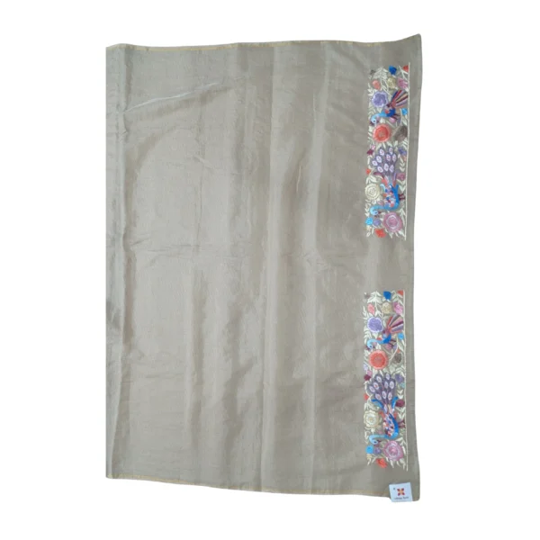 Silver colour Parsi gara hand embroidered saree with beautiful floral design - Image 4