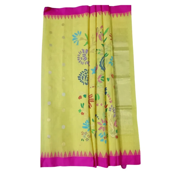 Yellow colour Khadhi cotton jamdhani saree with beautiful floral design - Image 2