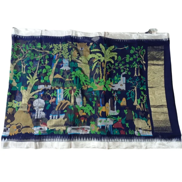 Blue colour Khadhi cotton jamdhani saree with beautiful all over floral design - Image 3