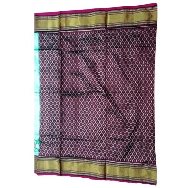 Blue and coffee brown colour pochampally double ikkat silk saree with beautiful peacock and parrot design - Image 5
