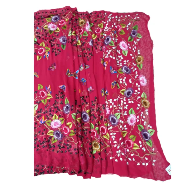 Red colour Parsi gara hand embroidered georgette saree with beautiful floral design - Image 3