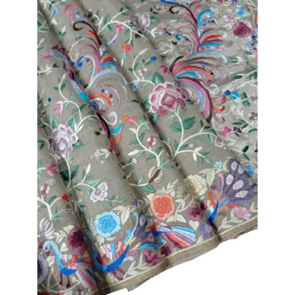Silver colour Parsi gara hand embroidered saree with beautiful floral design