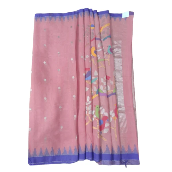 Pink colour Khadhi cotton jamdhani saree with beautiful floral design - Image 2