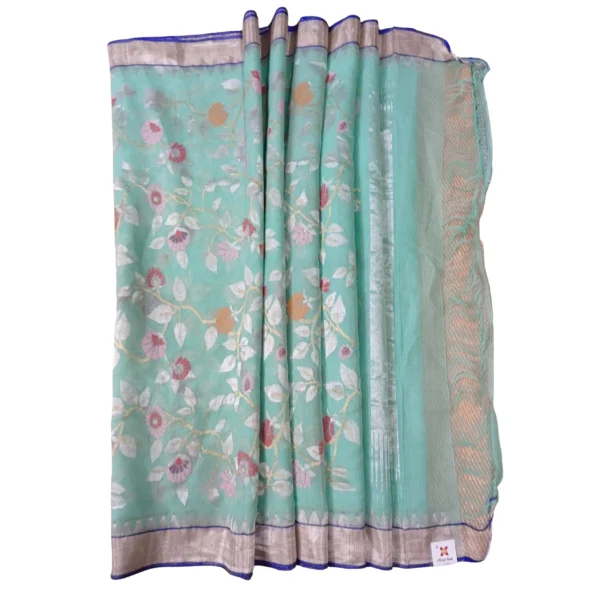Sea blue colour Khadhi cotton jamdhani saree with beautiful all over floral design - Image 2