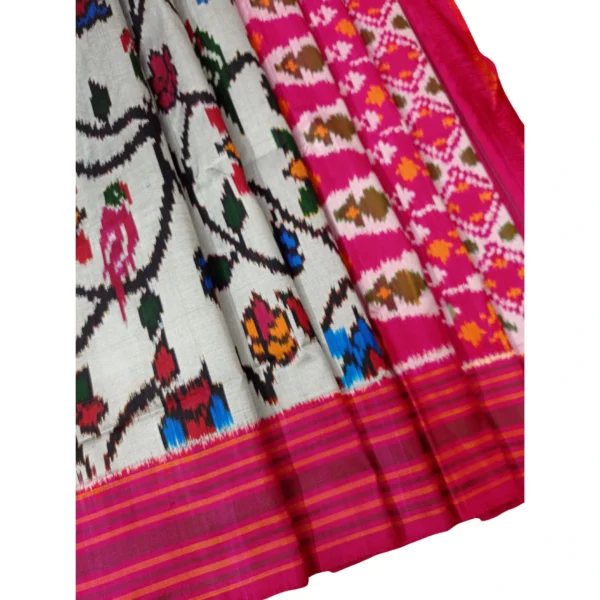 Off white and pink colour pochampally double ikkat silk saree
