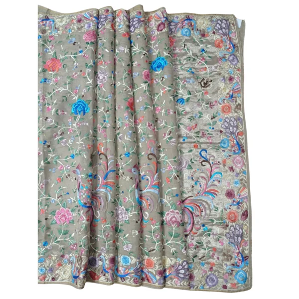 Silver colour Parsi gara hand embroidered saree with beautiful floral design - Image 2