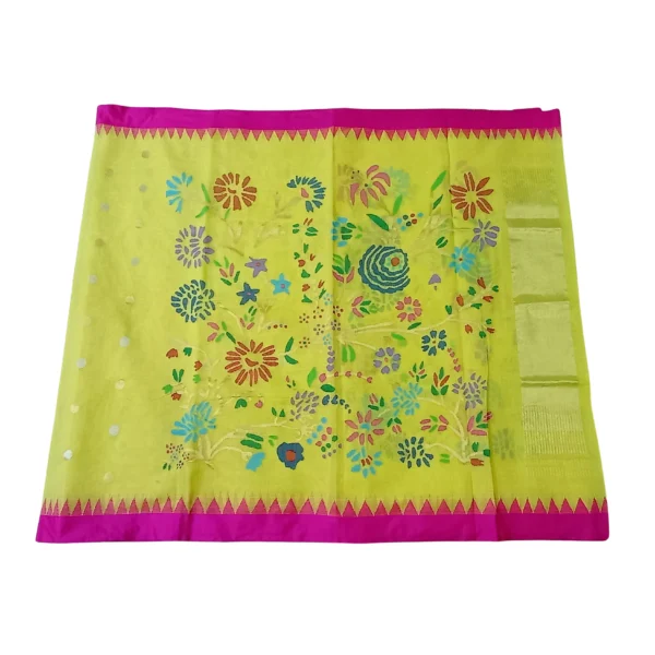 Yellow colour Khadhi cotton jamdhani saree with beautiful floral design - Image 4