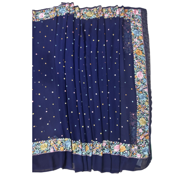 Dark blue colour Parsi gara hand embroidered saree with beautiful floral design - Image 2