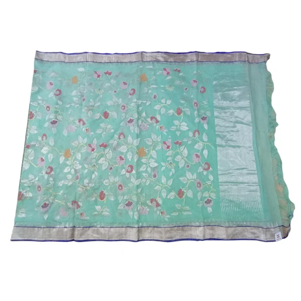 Sea blue colour Khadhi cotton jamdhani saree with beautiful all over floral design - Image 3